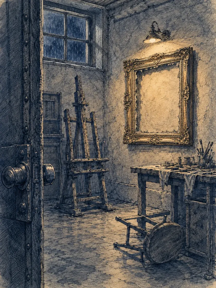 Tuschezeichnung: Galerie bei Nacht